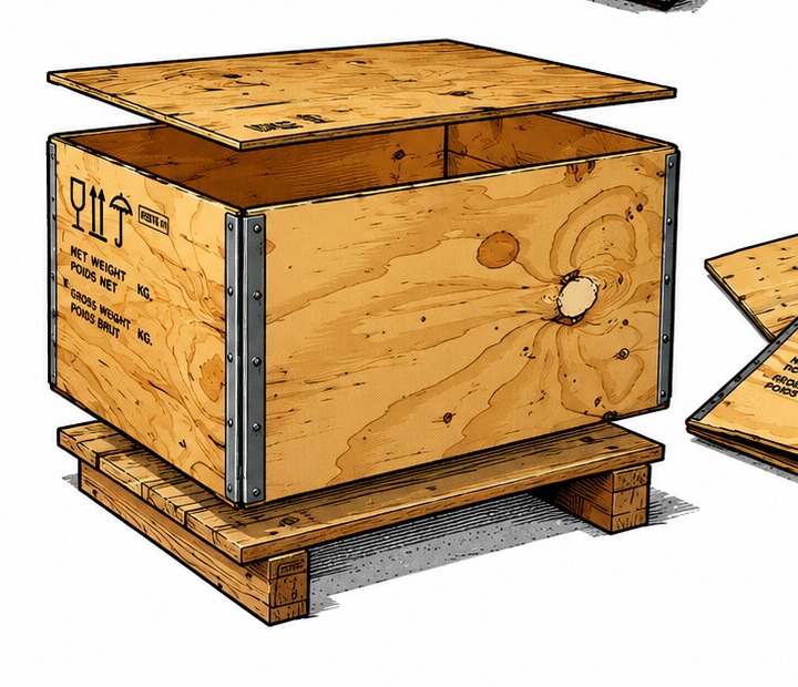 3-teilige Sperrholz-Faltkiste, aufgebaut und geschlossen auf einer Palette